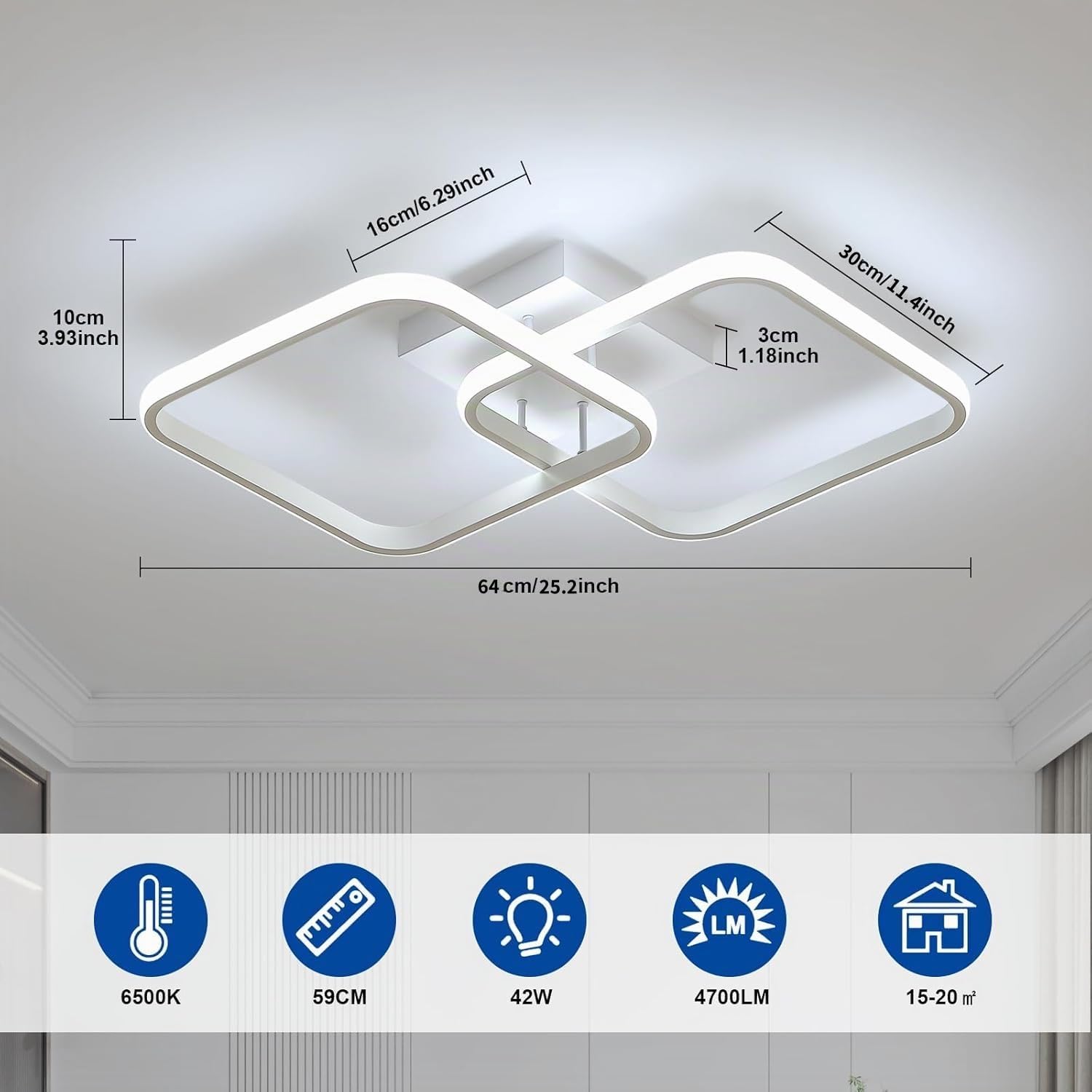 Osairous Lamparas de Techo Salon, 42W 4700LM Plafon LED Techo Moderno Blanco Cuadrado, Luz de Techo LED Dormitorio Acrílico para Cocina, Comedor, Estudio, Oficina, Blanco Frío 6500K, 64CM