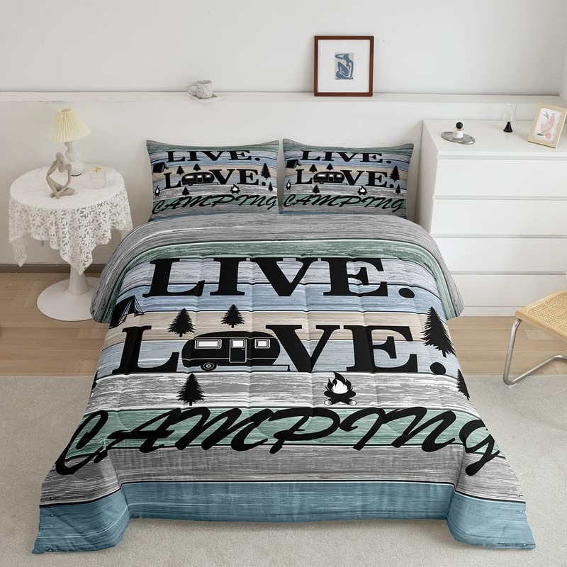 Loussiesd Camper Duvet Set for Girls Boys Kids Farmhouse Camping Rustic Cabin Room Decorative Bedding Set Camper Quilt Set 3Pcs Down Comforter Double