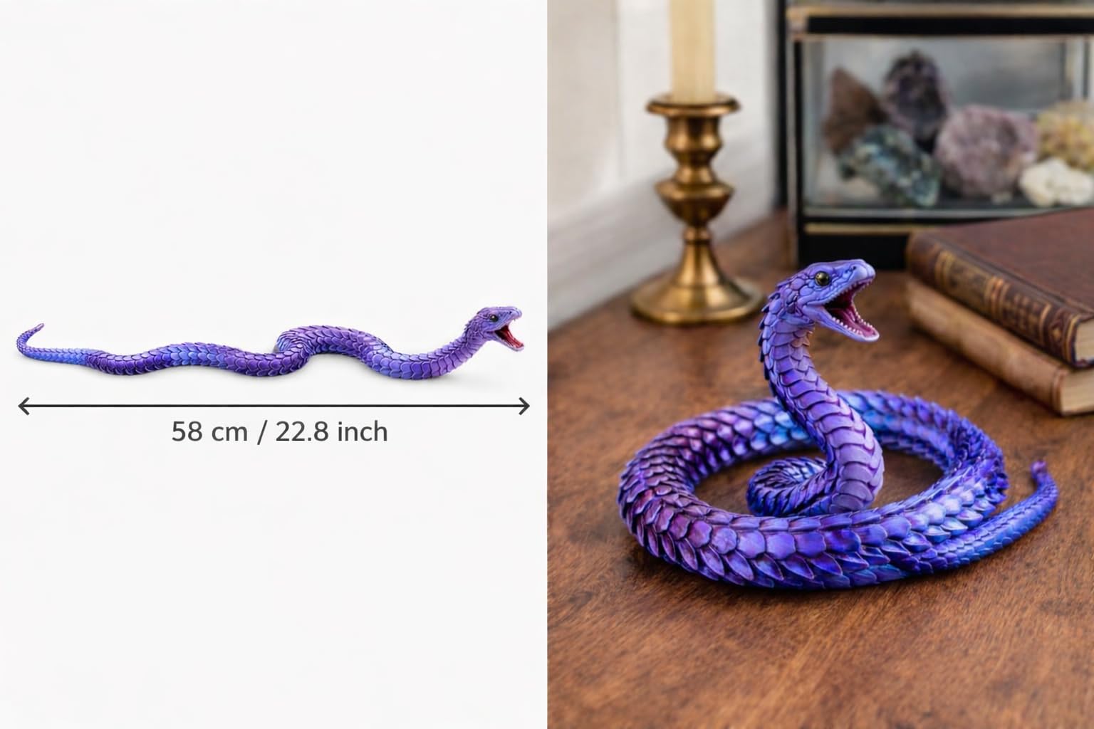 Articulated Crystal Snake – 3D Printed Flexible Snake Figurine, 58 cm (23 in) Poseable Serpent with Movable Mouth, Realistic Eyes, Fantasy Desk Decor (Purple) - 5