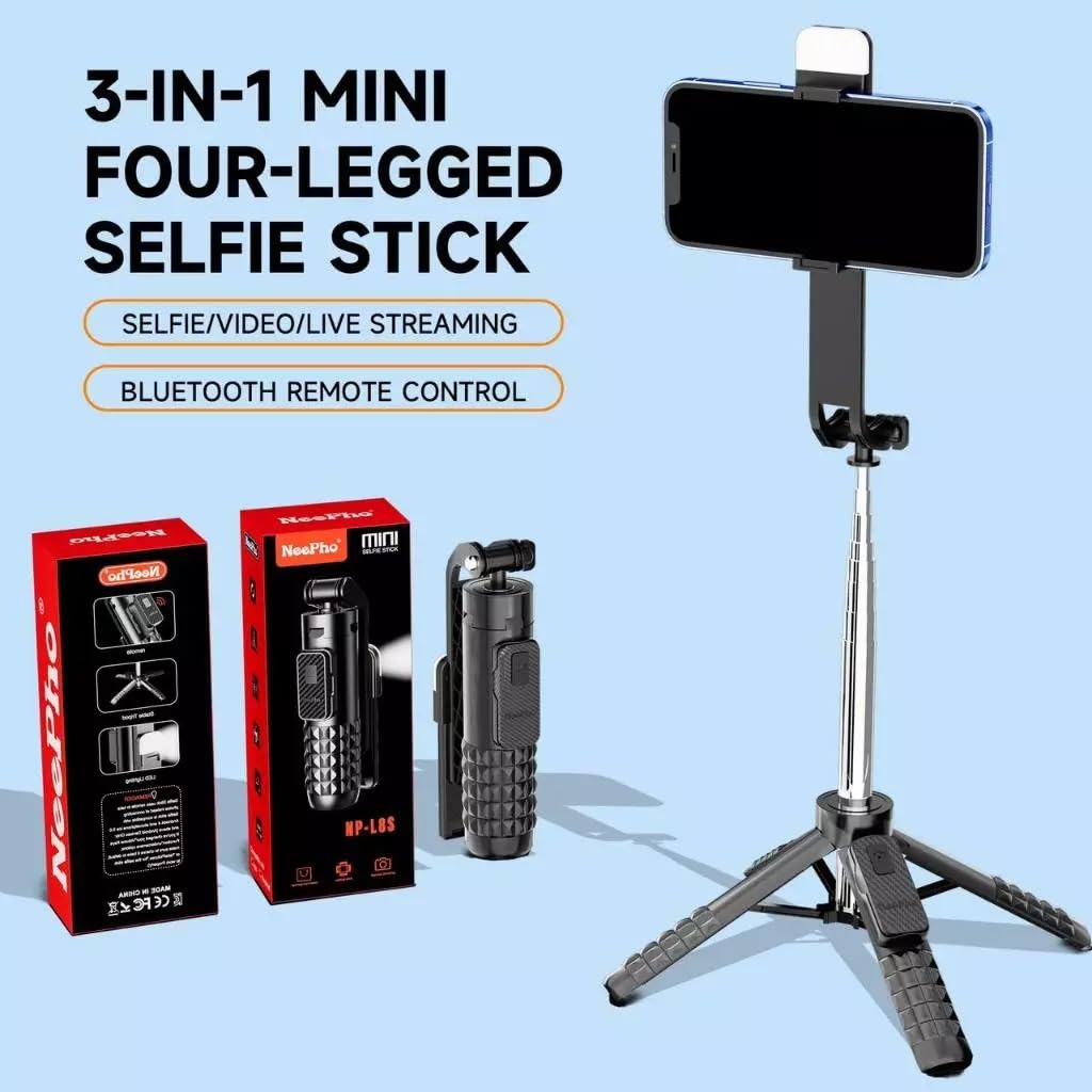 Coverzone Mini Dört Ayaklı Selfie Çubuğu Tripod Telefon Tutucu Kablosuz Bluetooth Kumandalı 85 cm Uzayan 15 cm Katlanan Stabil Masaüstü Seyahat Fotoğraf Video Çekim Aparatı | NP-L8S