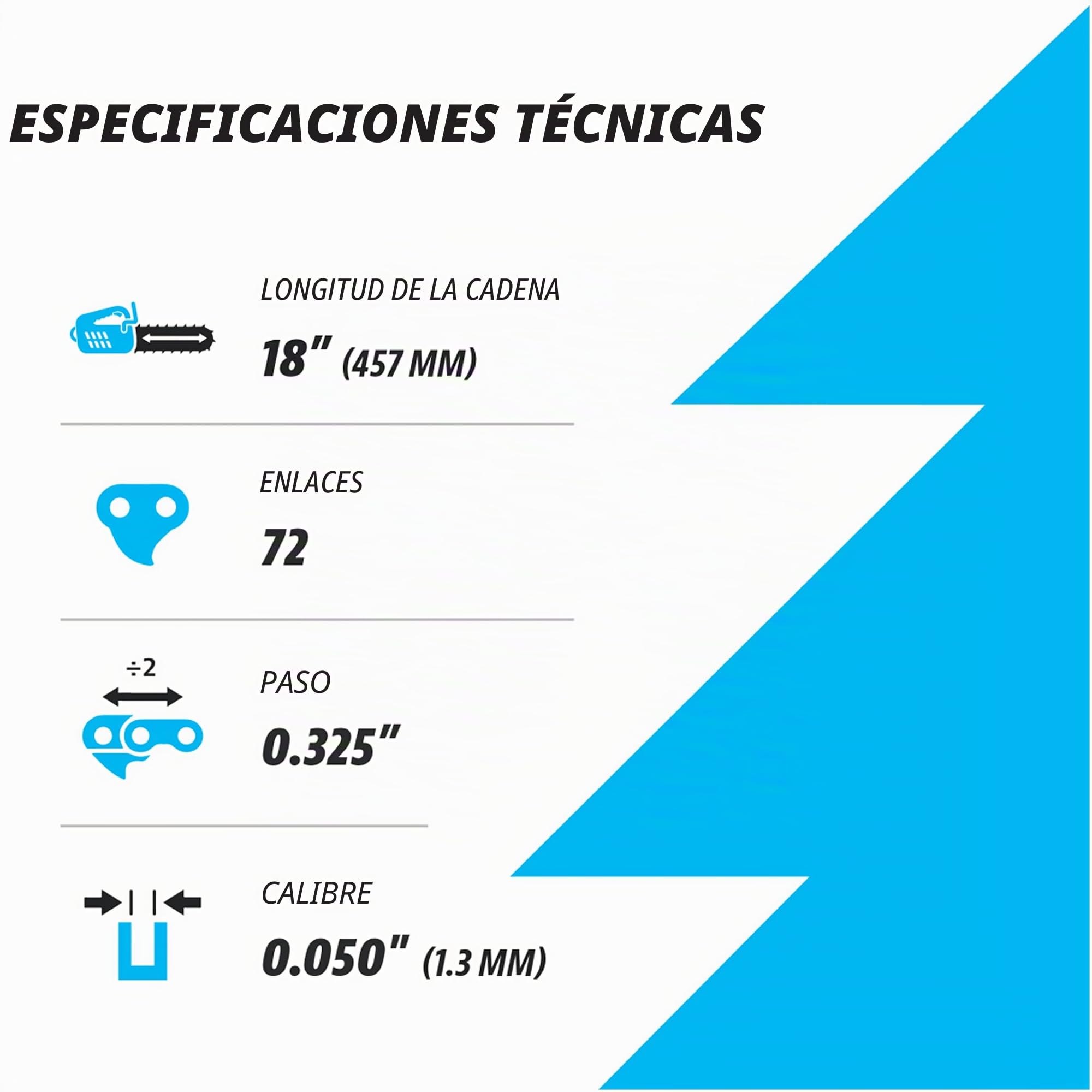 Cadena de motosierra de 18 pulgadas, paso de 0.3 pulgadas, calibre 50 pulgadas, 72 eslabones de transmisión, acero alemán, compatible con Husqvarna 440, Echo CS-400, Jonsered - 591094872, 20lpx072g y