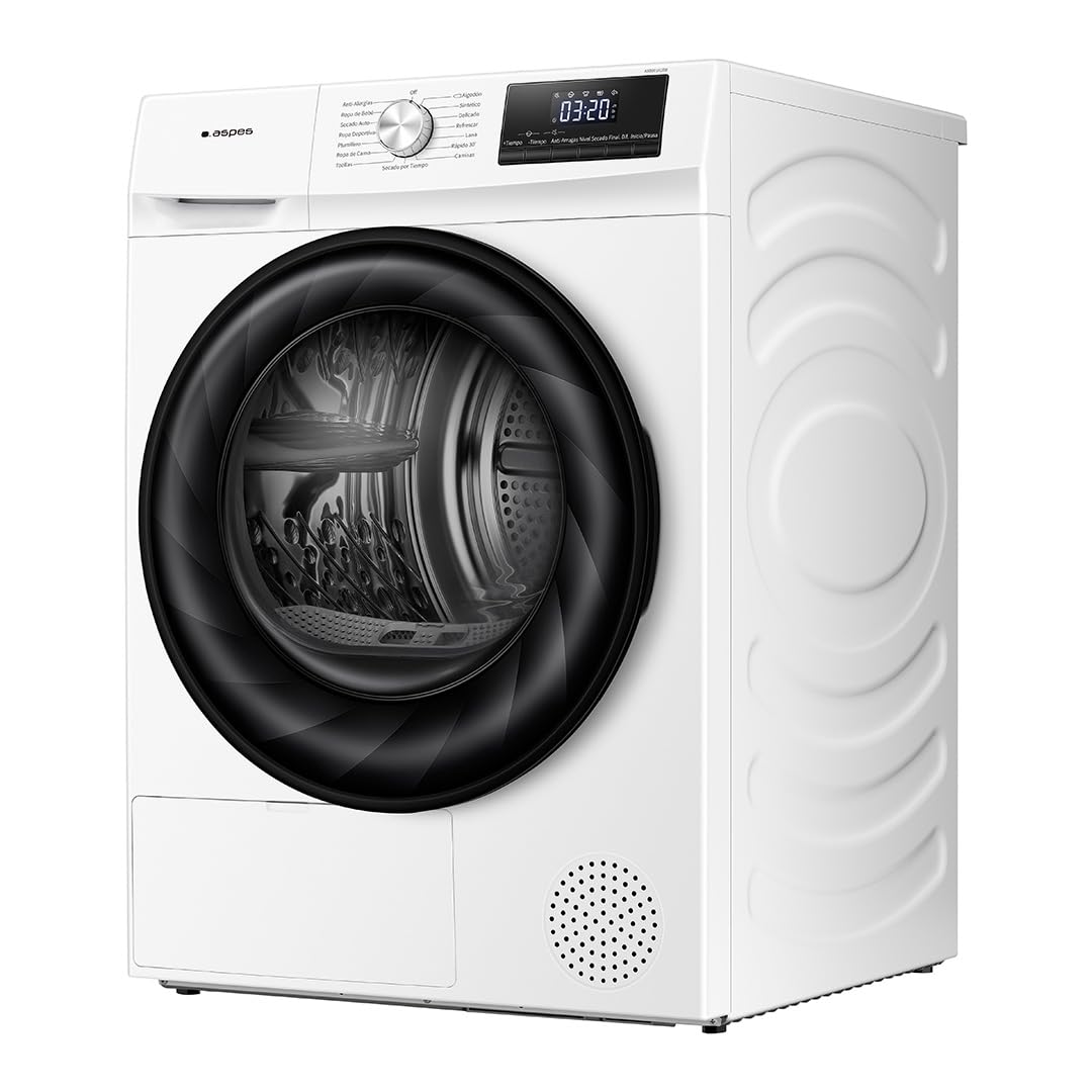Aspes Secadora Bomba Calor 8Kg, Carga Frontal, Blanco, ASB801A2DB. 650W, 15 Programas, Función Antiarrugas, Función Antiarrugas, Tambor Waterdrop, Display LED manual, Eficiencia Energética Clase A++