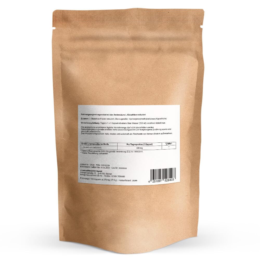 L-Glutathion reduziert - 100 Kapseln hochdoisert - aus pflanzlicher Fermentation - gentechnikfrei - vegan - ohne unnötige Zusätze - Deutsche Herstellung