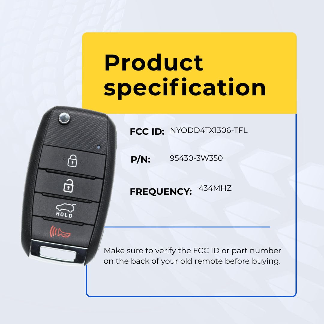 Telecomando di ricambio per telecomando senza chiave per Kia Sportage 2014-2016 a 4 pulsanti Fcc NYODD4TX1306-TFL, codice articolo 95430-3W350