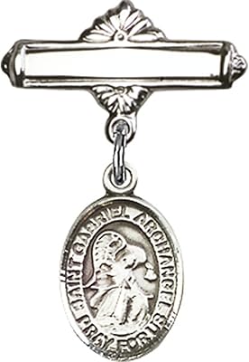 Sterling Silver Baby Badge with St. Gabriel the Archangel Charm and Polished Badge Pin 1 X 5/8 inches