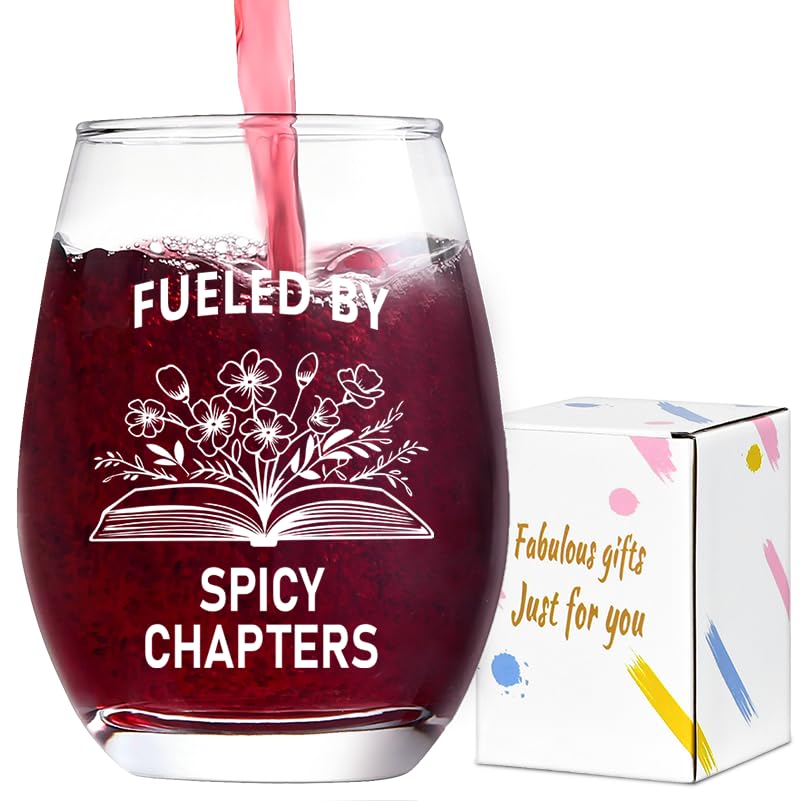 Lamyba Book Lovers Gifts for Women Fueled by Spicy Chapters 15oz Wine Glass Funny Bookish Gifts for Readers Dark Romance BookTok Merch Smutty Book Merch