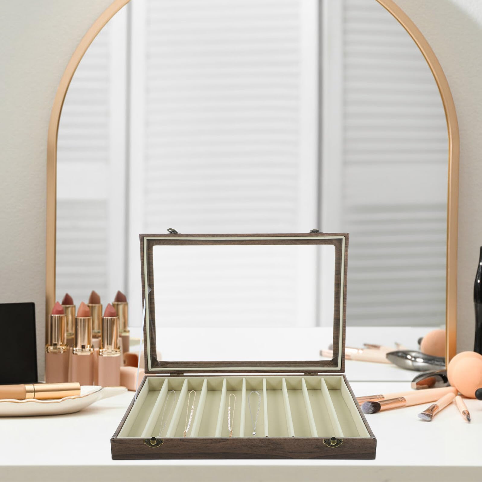 FOMIYES Schmuckkästchen mit Glasdeckel 10 Fächer Kompakter Schmuckorganizer Optik Aufbewahrungsbox für Ringe und Halsketten Mobiler Reise Organizer