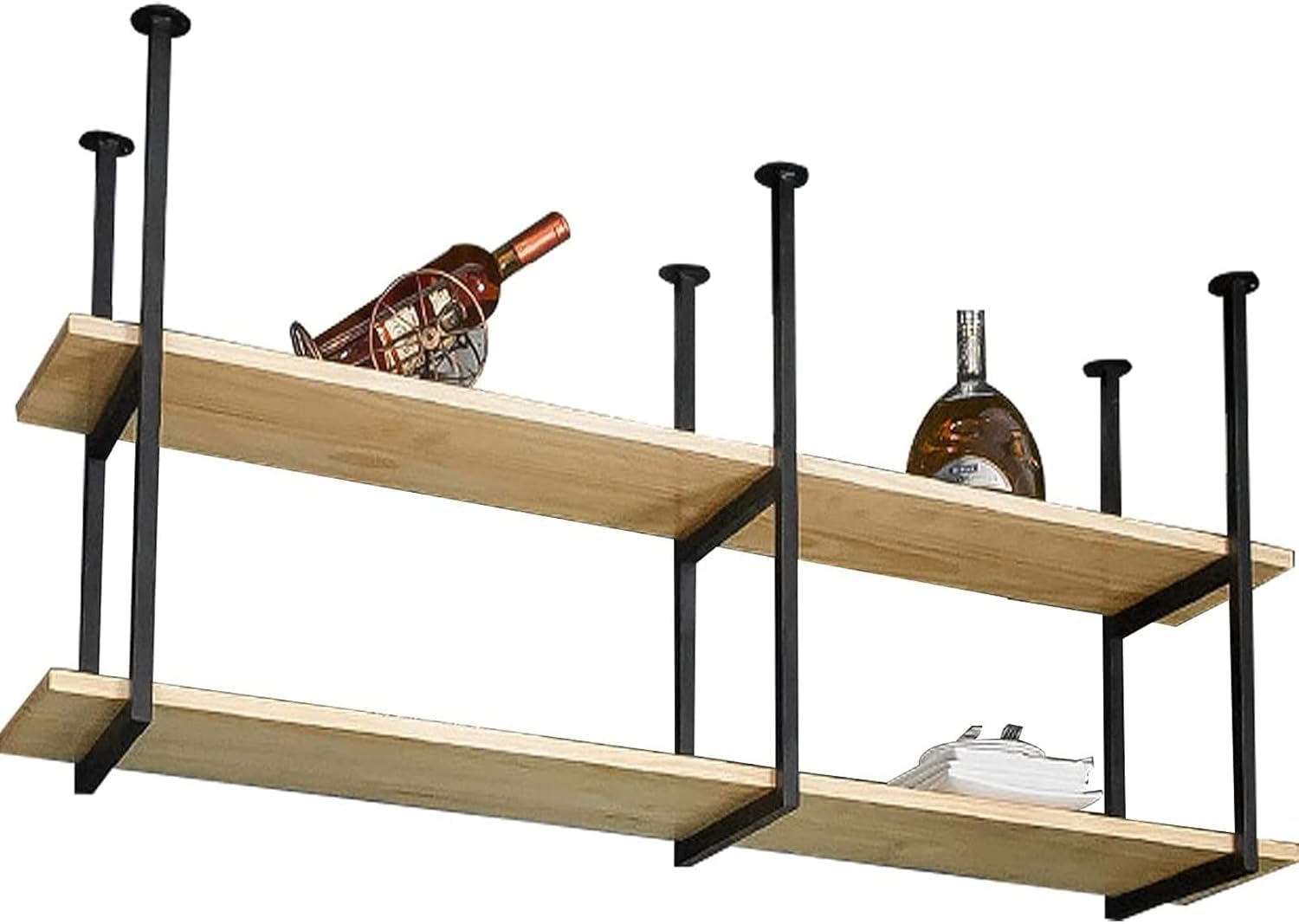 Étagère de rangement de cuisine suspendue au plafond porte-vin en bois et fer