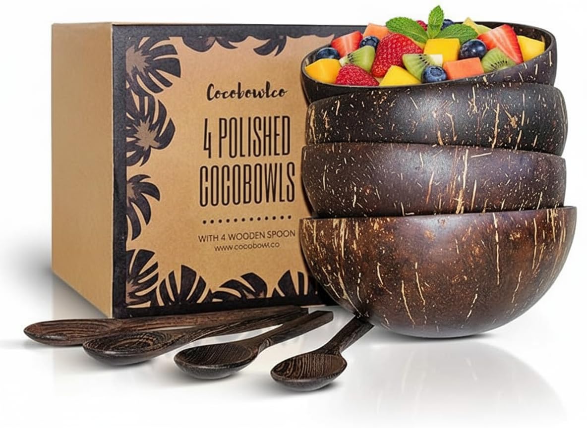 Coconut Bowl & Wooden Spoons Bowl Set - Birthday Gifts for Women - Coconut Bowls for Eco Friendly Kitchen Decor, Acai Bowls & Smoothie Bowls (4, Polished)