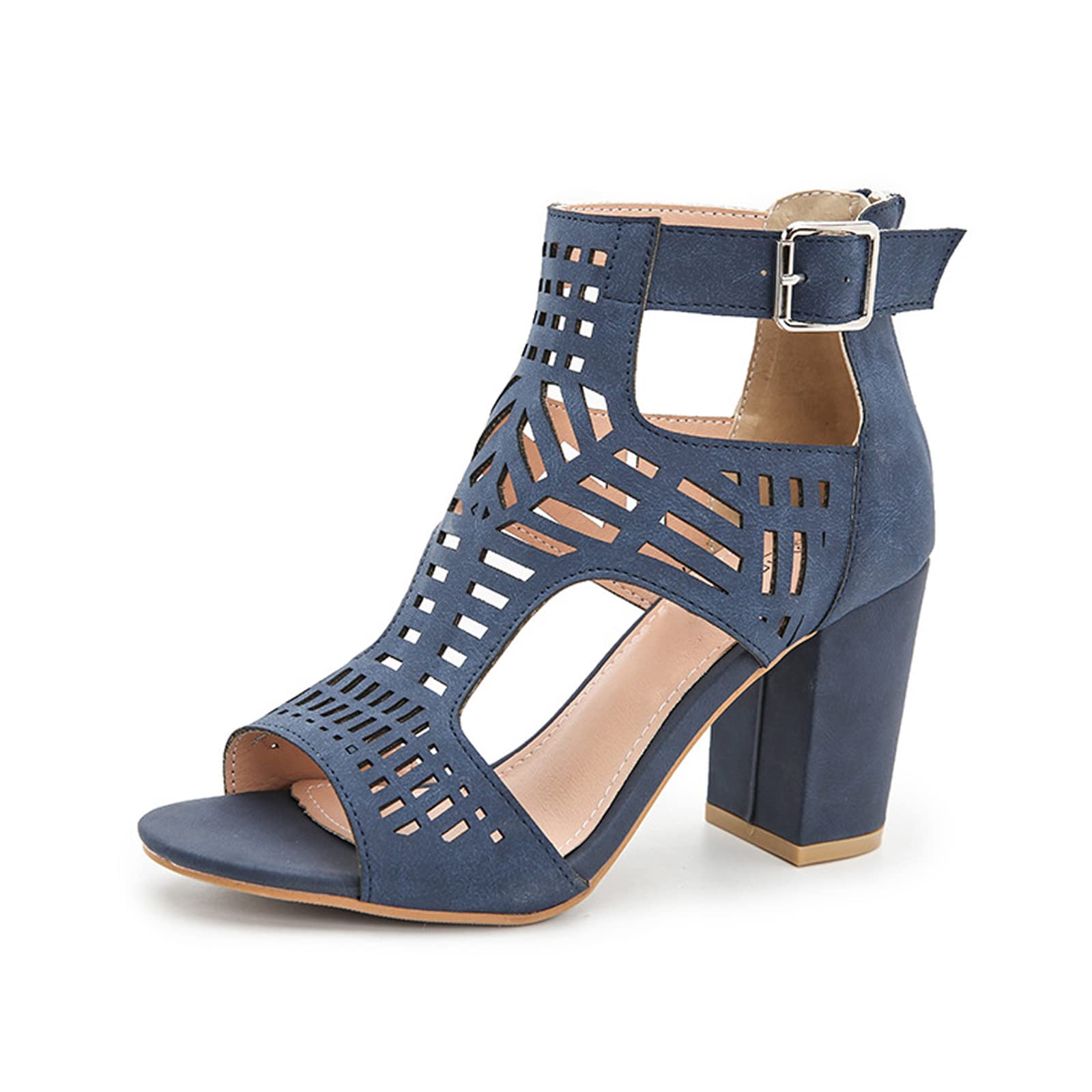 UGOSELEC Women Open Toe Chunky Heels Sandals,Summer Comfy Non-Slip Cutout Ankle Strap Block Heel Party Dressy Sandals Gladiator Sandals (5,Blue,5)