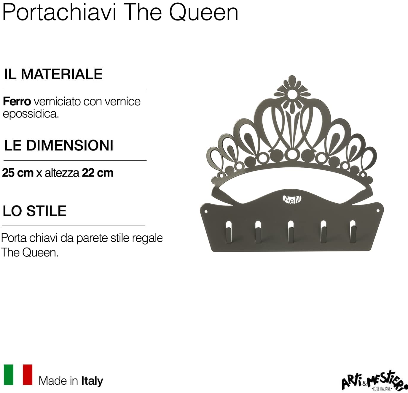 Arti & Mestieri The Queen - Porta Chiavi da Muro di Design 100% Made in Italy - in Ferro, 25 x 22h cm (Bronzo)