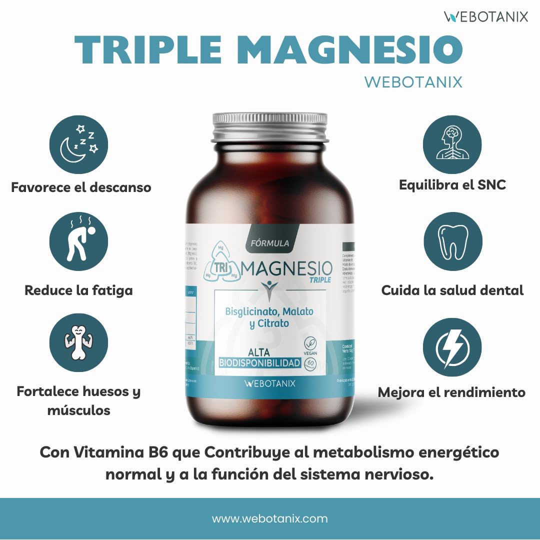WeBotanix | Fórmula Triple Magnesio | Bisglicinato, Dimagnesio Malato y Citrato de Magnesio y Vitamina B6 | Con Vitamina B6 para Energía, Bienestar y Salud Muscular | Vegano (120 Cápsulas)