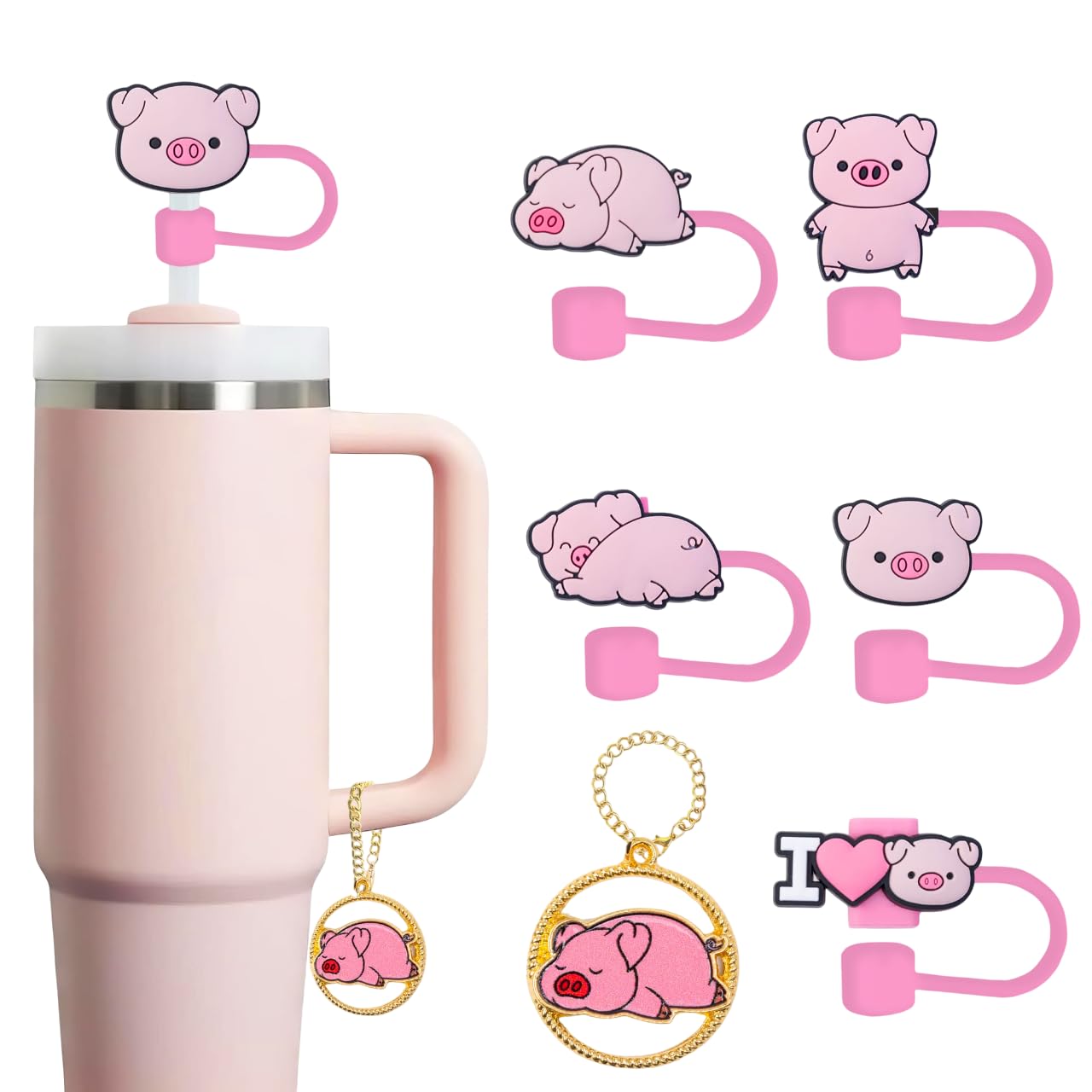 Pig Straw Topper, Reusable 10mm (0.4in) Pink Straw Topper, Covers for Stanley Cup Accessories - Pig Accessories, Decor, Stuff, Things, Gifts for