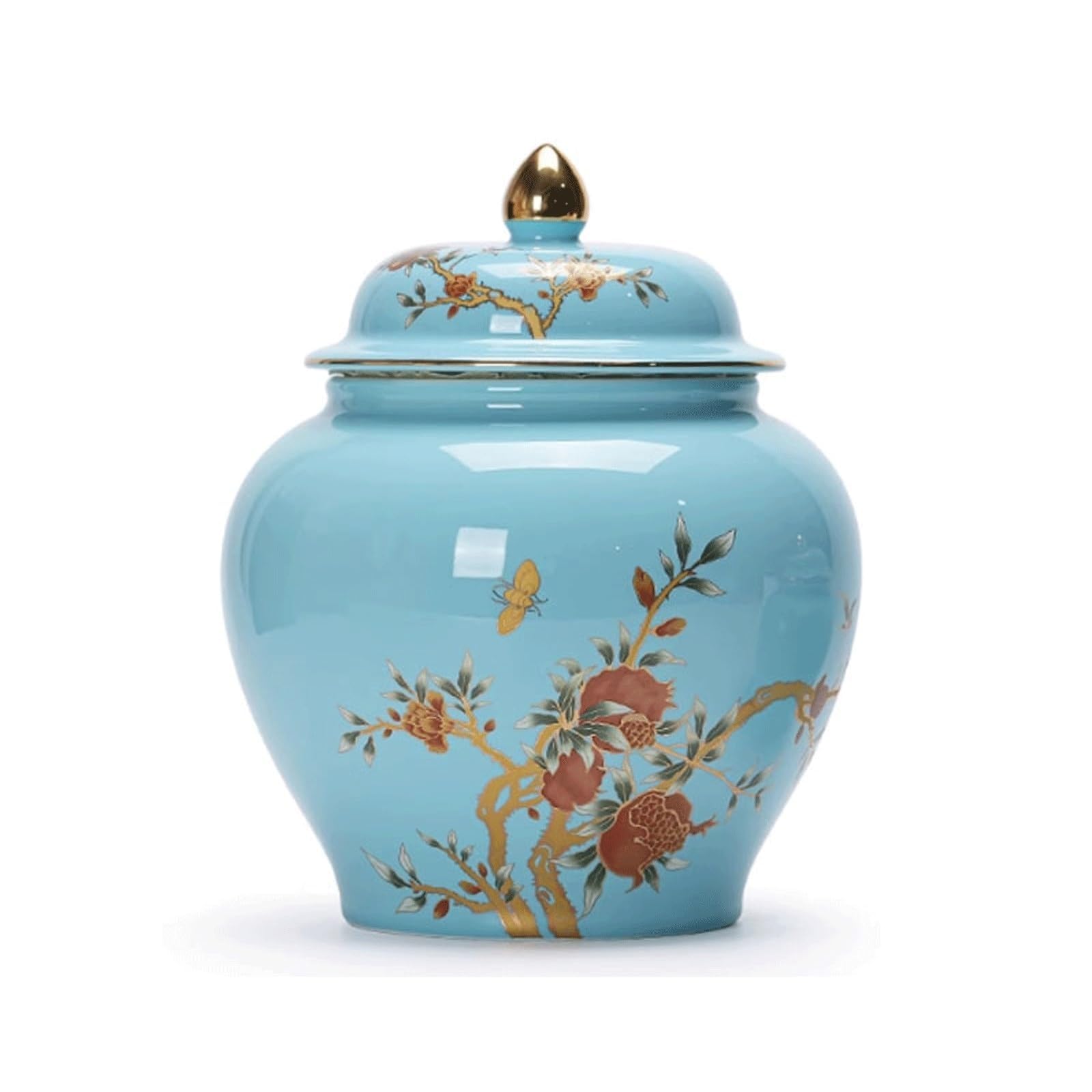 Glazed Ceramic Ginger Jar with Lid Chinoiserie Porcelain Peach Print Storage Jar Flower Vase Decorative Tea Canister Classic Temple Jar(Blu,L)