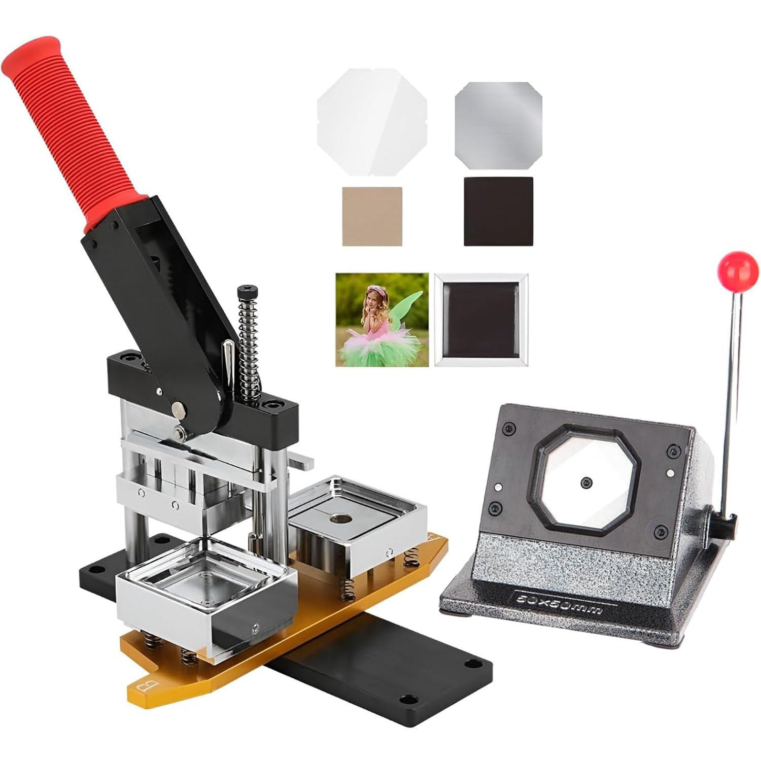 MYUYEE Badge Maker Machine,Photo Magnet Machine, Diy Fridge Magnets Pin Maker Machine, Square Fridge Magnet Button Badge Making + Paper Cutter + 100Pcs Consumables, Diy Metal Ba