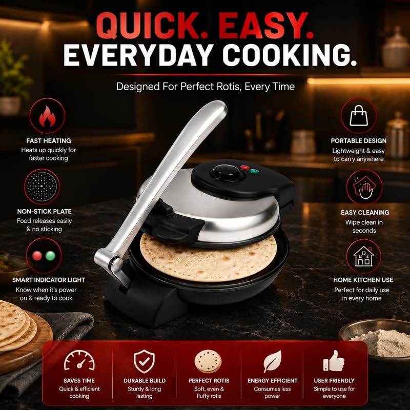 Image of Elevea 𝟏𝟓 𝐘𝐞𝐚𝐫 𝐋𝐨𝐧𝐠 𝐋𝐢𝐟𝐞 𝐖𝐚𝐫𝐫𝐚𝐧𝐭𝐲 Electric Roti Maker, Non Stick Chapati Maker, Portable Dough Press, Fast Cooking Roti Machine with Indicator Light for Home Kitchen