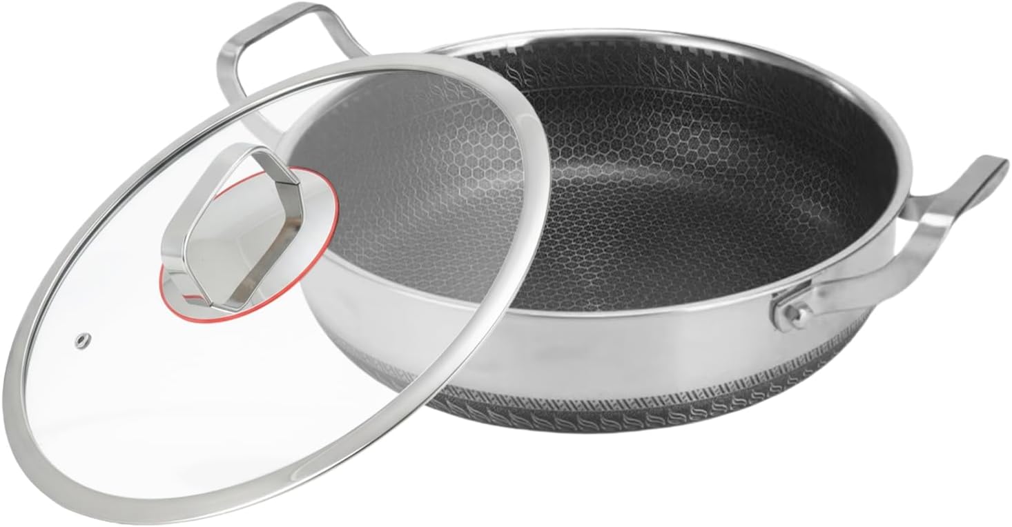Saute Pan | Stainless Steel Nonstick Kitchen Utensil With Double Handle And Lid,Large Kitchen Casserole,for Home Cooking and Baking Sauteing Fish Eggs Pancakes