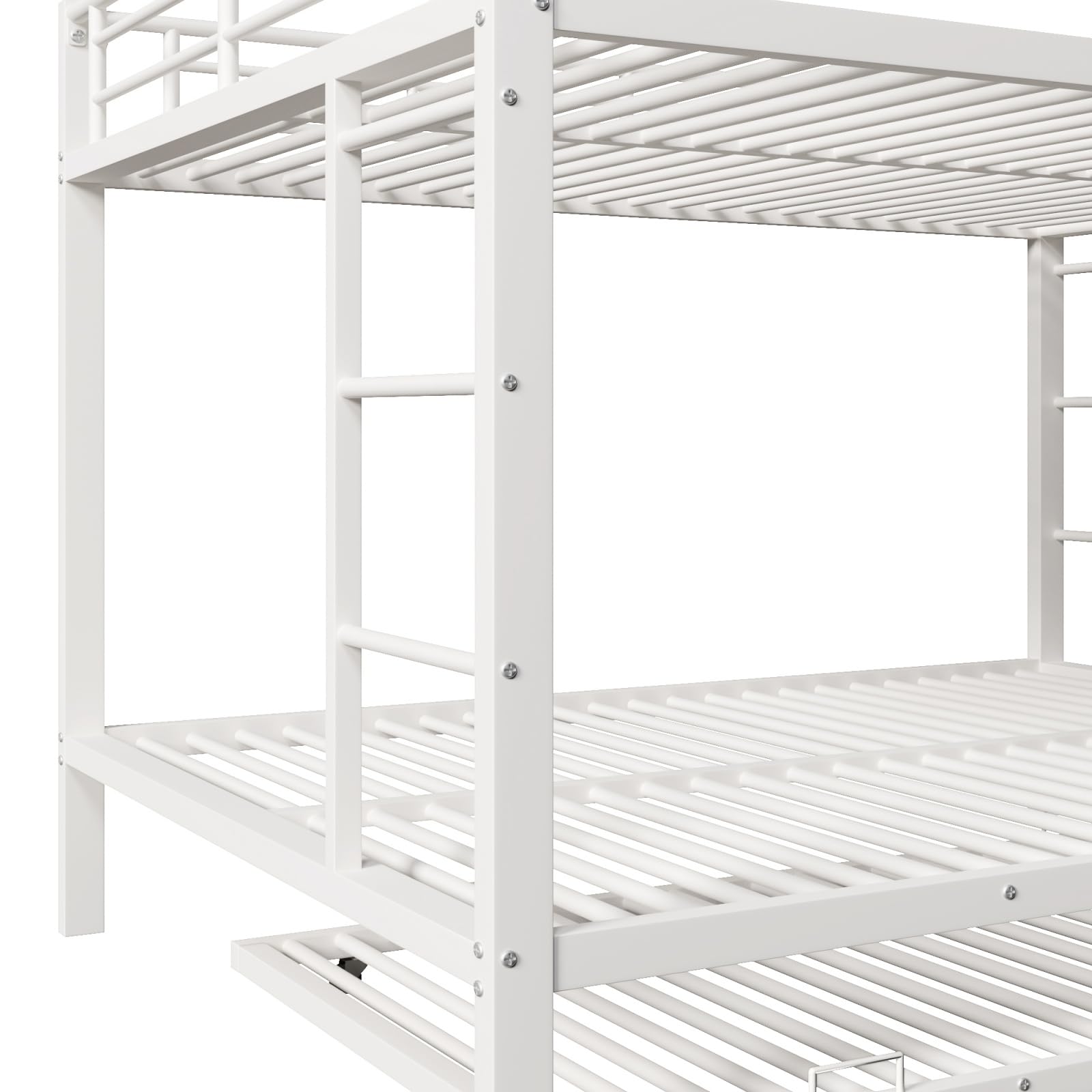PUGSDRLY Lit Superposé 3 Places avec Lit Gigogne, Structure en Métal Robuste, lit Mezzanine 2 Places avec Haute Barrière de Sécurité, pour Étudiant, Adulte (Blanc+Métal, 140 * 200cm)