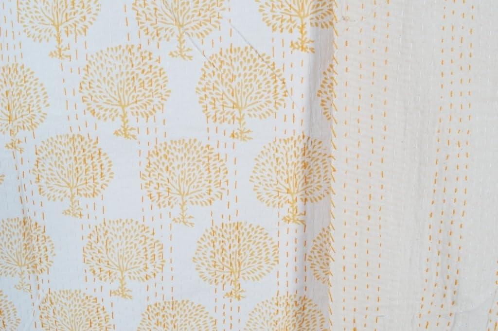 YUVANCRAFTS Couvre-lit Kantha en coton imprimé indien pour grand lit, 228,6 x 274,3 cm, jaune