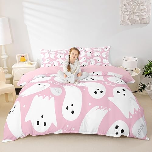 Miniatura 4 de Feelyou Juego de funda de edredón rosa de Halloween, juego de ropa de cama de fantasmas de dibujos animados tamaño King para niños, juego de funda