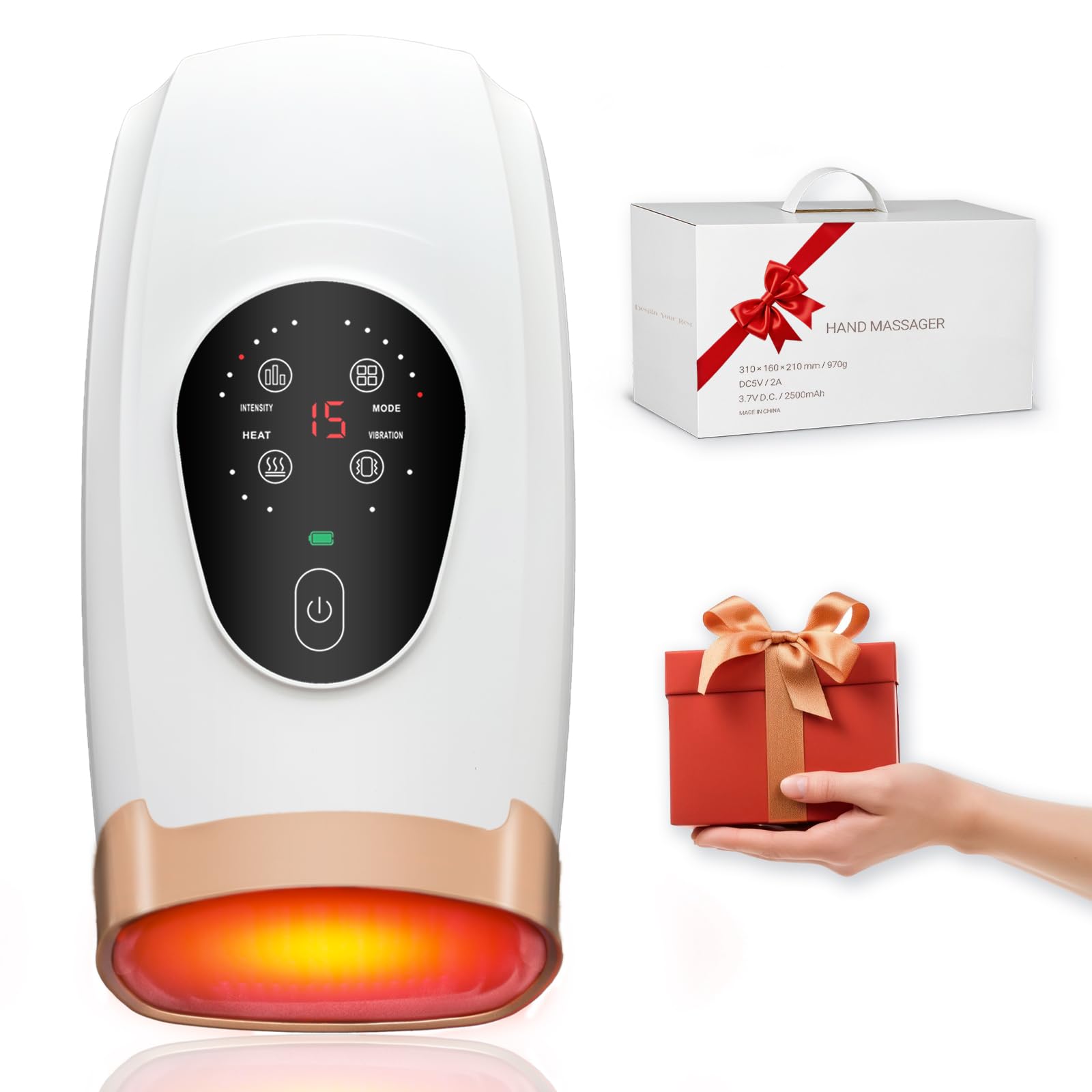 Handmassagegerät mit Wärme und Kompression - 6 Intensitäten, 6 Massagemodi, 3 Wärmestufen, 2 Vibrationsmodi, Hand & Handgelenk Schmerzlinderung für Arthritis & Karpaltunnel, Entspannendes Geschenk für