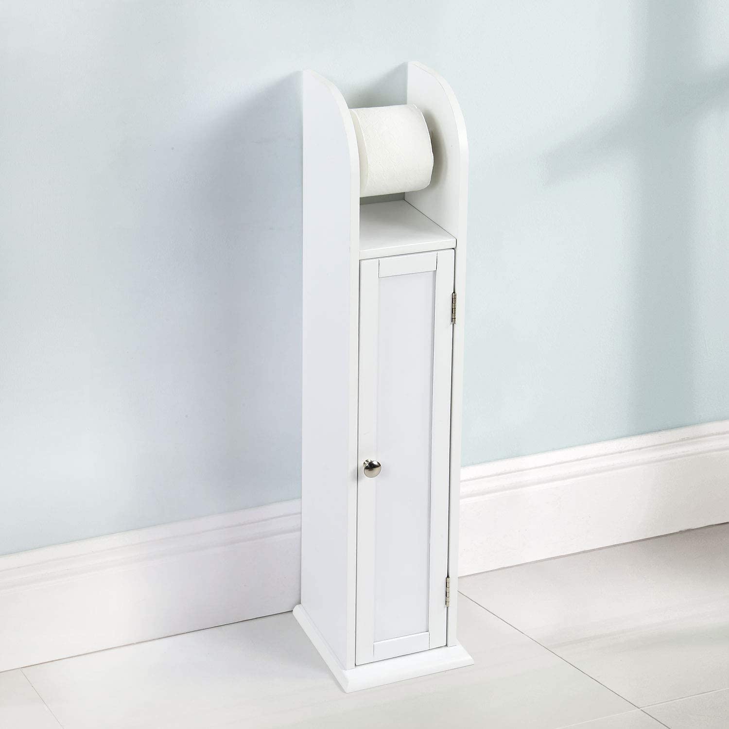 Y Homeware White Yorkshire Homeware Wooden Toilet Paper Roll Holder Free Standing Bathroom Cabinet Tissue Storage Organiser Cupboard With Shelf (White)