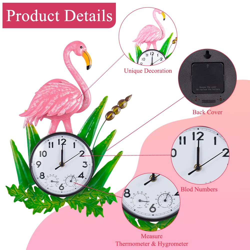 Reloj de pared silencioso con diseño de flamenco para exteriores, con termómetro y humedad, de cuarzo, impermeable, decoración para patio, jardín, sala de estar (rosa)