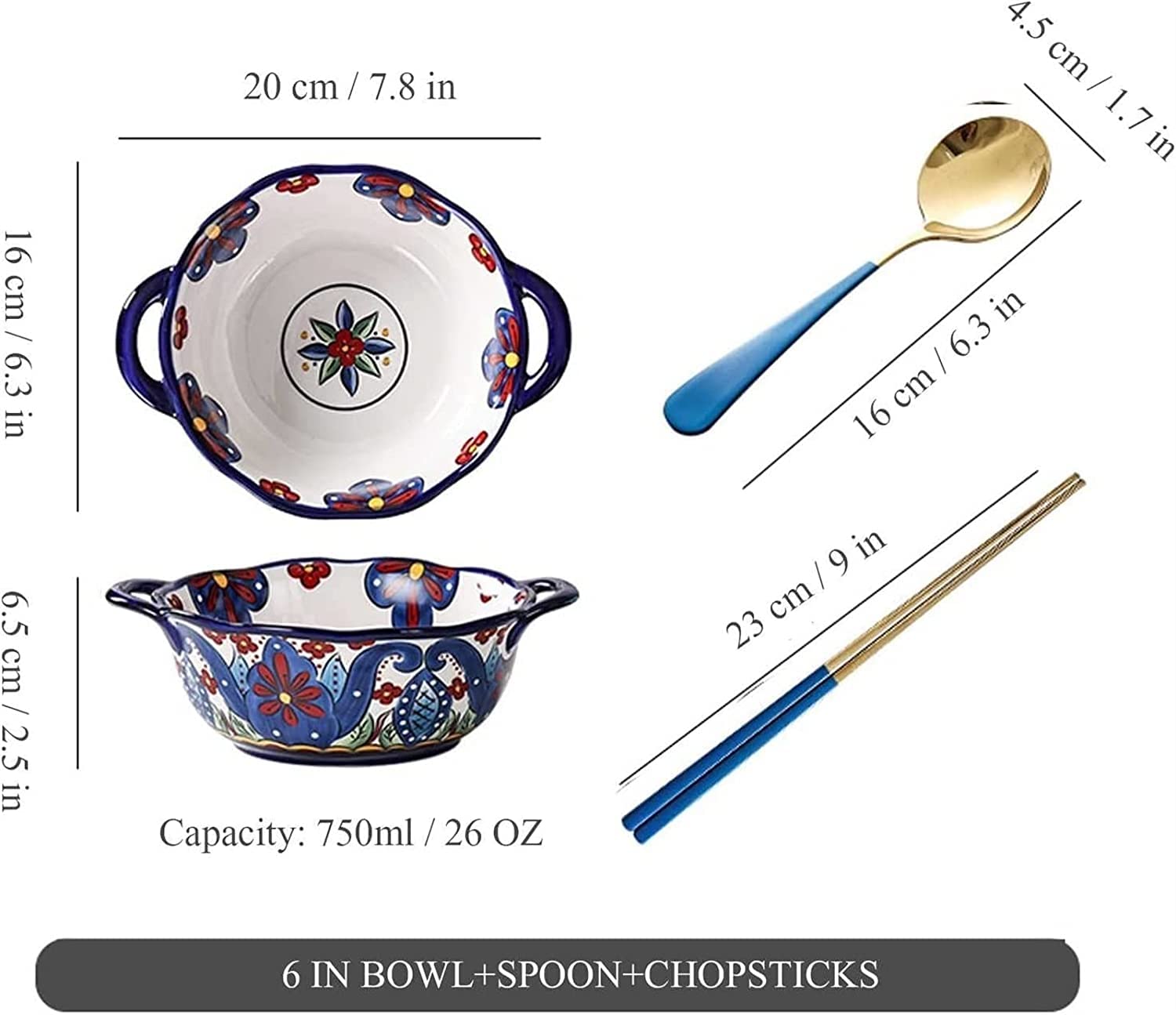 Henkel Suppentasse Suppenschüssel Elegante Suppenschüsseln aus Keramik mit Löffel, 26 Unzen große handbemalte Zwiebelsuppenschüssel mit Blumen und Griff, Frühstücks-Haferflocken-Salat-Müsli(Blu)