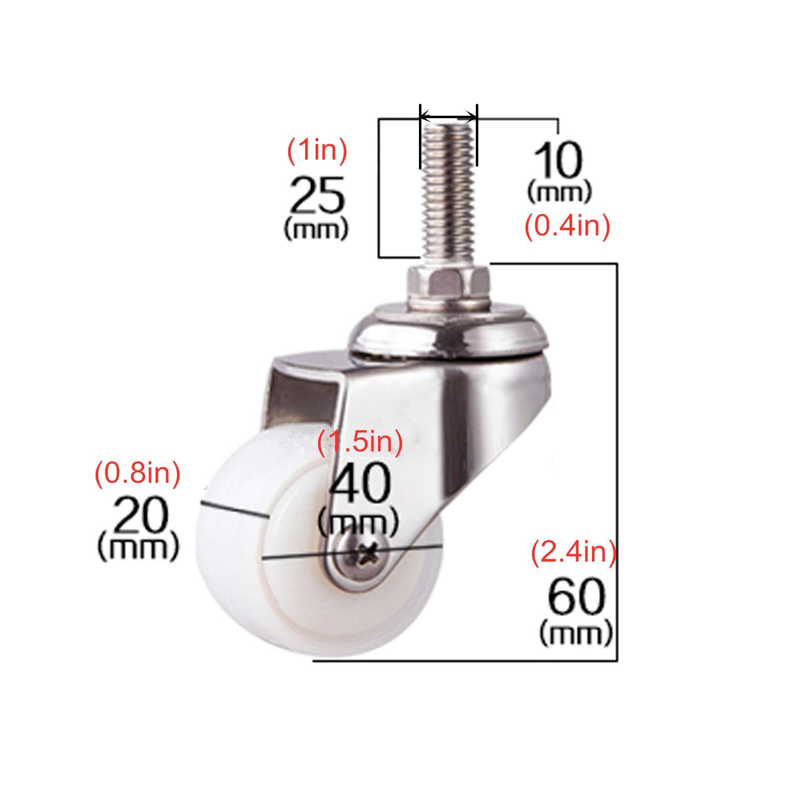 Koła jezdne, koła z gwintem M10X25 mm, małe kółka do wózka sklepowego, kółka obrotowe 360 stopni, koła zapasowe, materiał PA, 4 szt., białe/hamulcowe/40 mm/1,5 cala