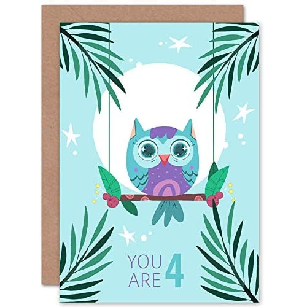 Wee Blue Coo Kawaii Owl Perch Birthday You are 4 Greeting Card With Envelope Blank Inside Premium Quality