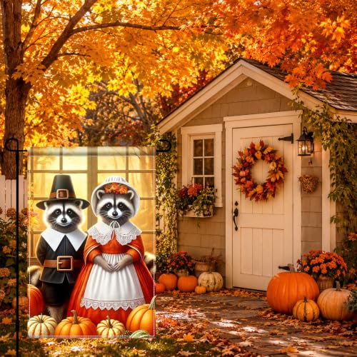 Image of BlissYard Thanksgiving Fall Garden Flag Raccoon Pumpkin 12x18 Inch Decor | Double sided polyester, Thanksgiving raccoon pumpkin design, thanksgiving yard decorations and seasonal porch decor