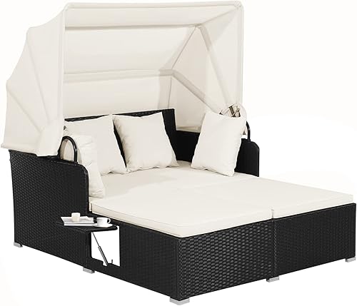 Tangkula Patiojoy - Sofá cama de mimbre con toldo retráctil 2 paneles laterales plegables cojines gruesos para asiento y respaldo cama de