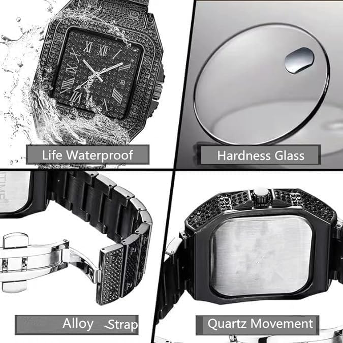 MINILUJIA Luxury Mens Crystal Watch Fashion Full Bling Iced Out Rhinestone Quartz Analog Watch Men Women Hip Hop Big Dial Square Wristwatch black image 2 of 4 B09Y8BJ2WQ