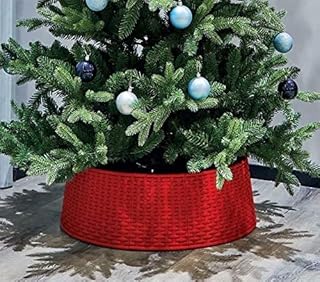 Red Large Christmas Tree Skirt Xmas Rattan Wicker Natural Base Cover Festive Stand Reusable Easy Wipe Clean Foldable | For 2.4m Trees | 57cm x 65cm x 19.5cm