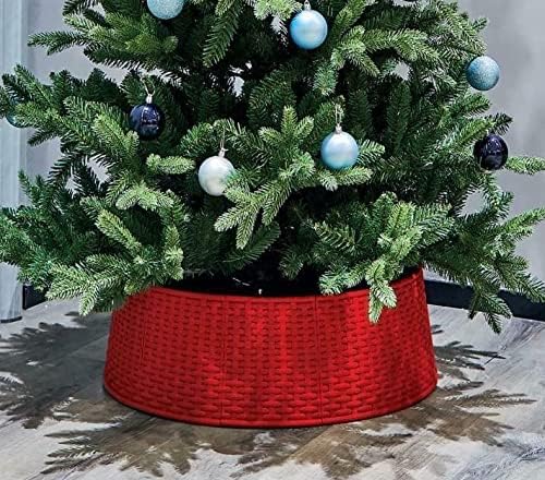 Red Large Christmas Tree Skirt Xmas Rattan Wicker Natural Base Cover Festive Stand Reusable Easy Wipe Clean Foldable | For 2.4m Trees | 57cm x 65cm x 19.5cm