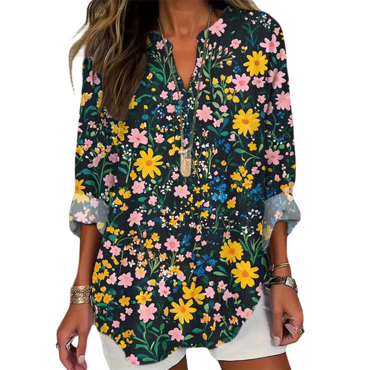 DMOYALA Boho Floral Shirts for Women Spring Long Sleeve V Neck T Shirts Baggy Cotton Tops Dressy Casual Blouses