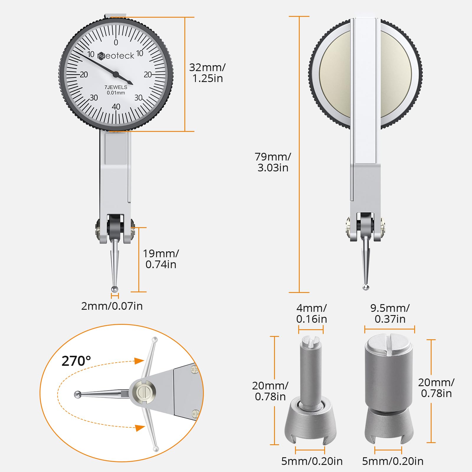 Neoteck Indicatore Digitale a Quadrante 0~0,8 mm con Supporto Magnetico Comparatore a Leva con Sonda Rotazione di 270° Indicatore di Prova a Quadrante per Laboratori di Meccanica Industriale