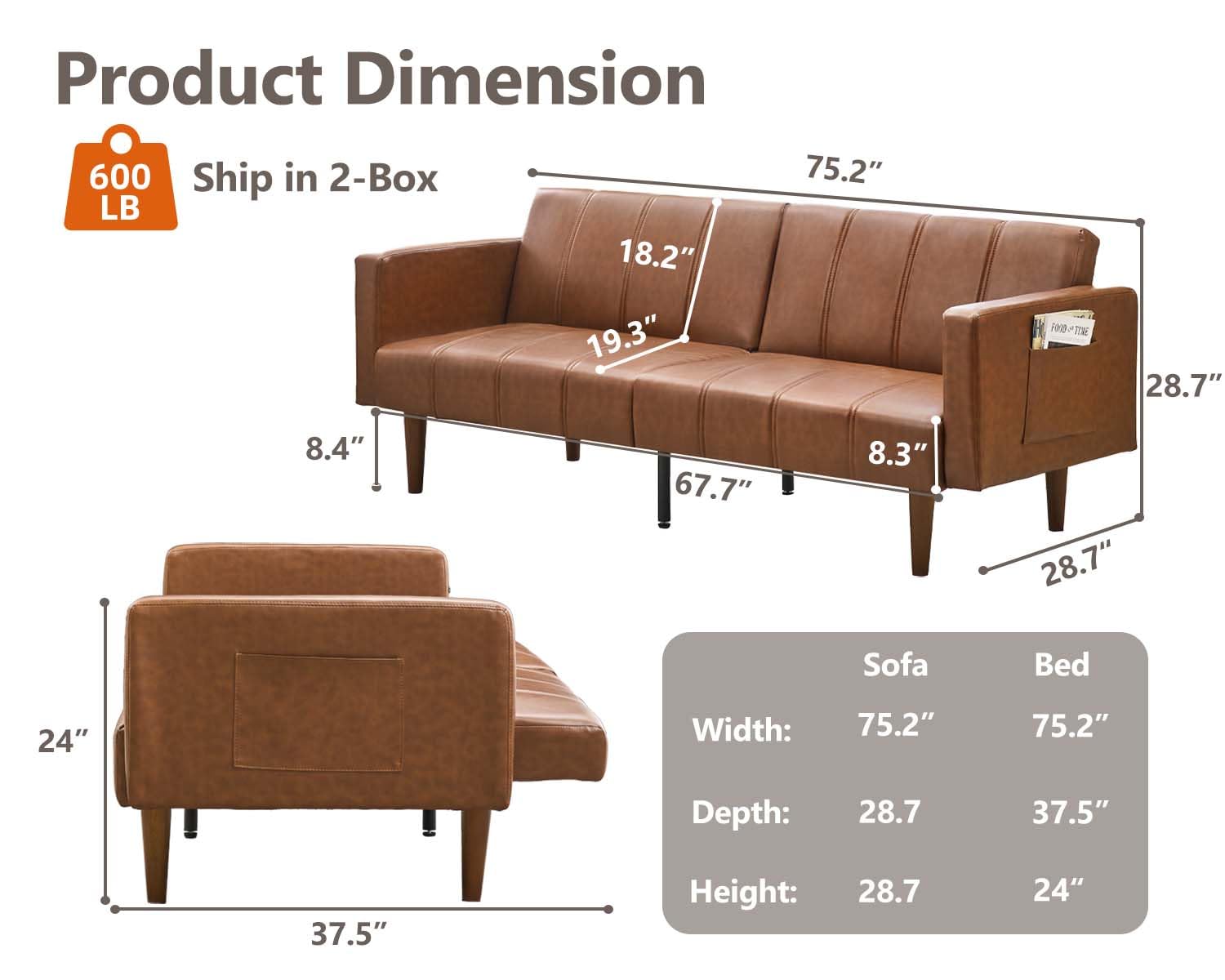 Garvee Modern Futon Sofa Bed, Convertible 75" Sleeper with Adjustable Backrest & Side Pockets, Mid-Century Brown PU Leather | Backrest & Side Pockets, Mid-Century Brown PU Leather