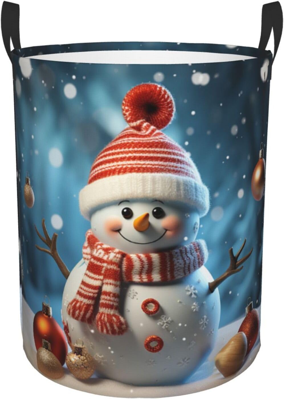 Laundry Basket Collapsible Laundry Hamper Waterproof Christmas Ball Snowman Clothes Organizer with Handles Round Tall Clothes Hamper for Bedroom Bathroom