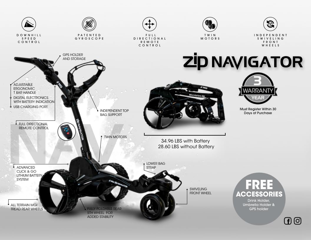 MGI Zip Navigator Elektrischer Golftrolley mit 36 Löchern, Fernbedienung, für Getränke, Regenschirm und GPS-Telefon