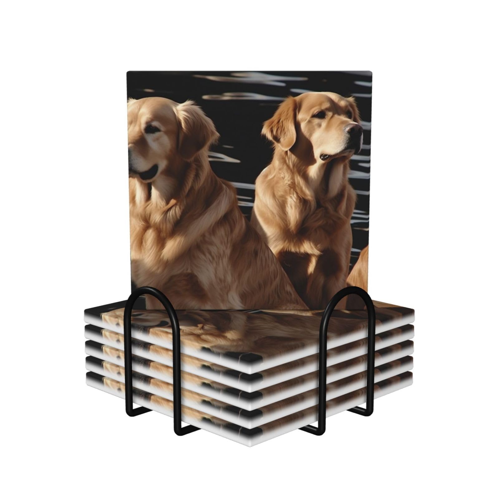 6Pcs Ceramics Coaster for Drinks, Golden Retrievers Cup Coasters with Holder, Aesthetic Drink Coasters for Coffee Table, Absorbent Round Coaster for Tabletop Protection 4" Cup Mat Pad
