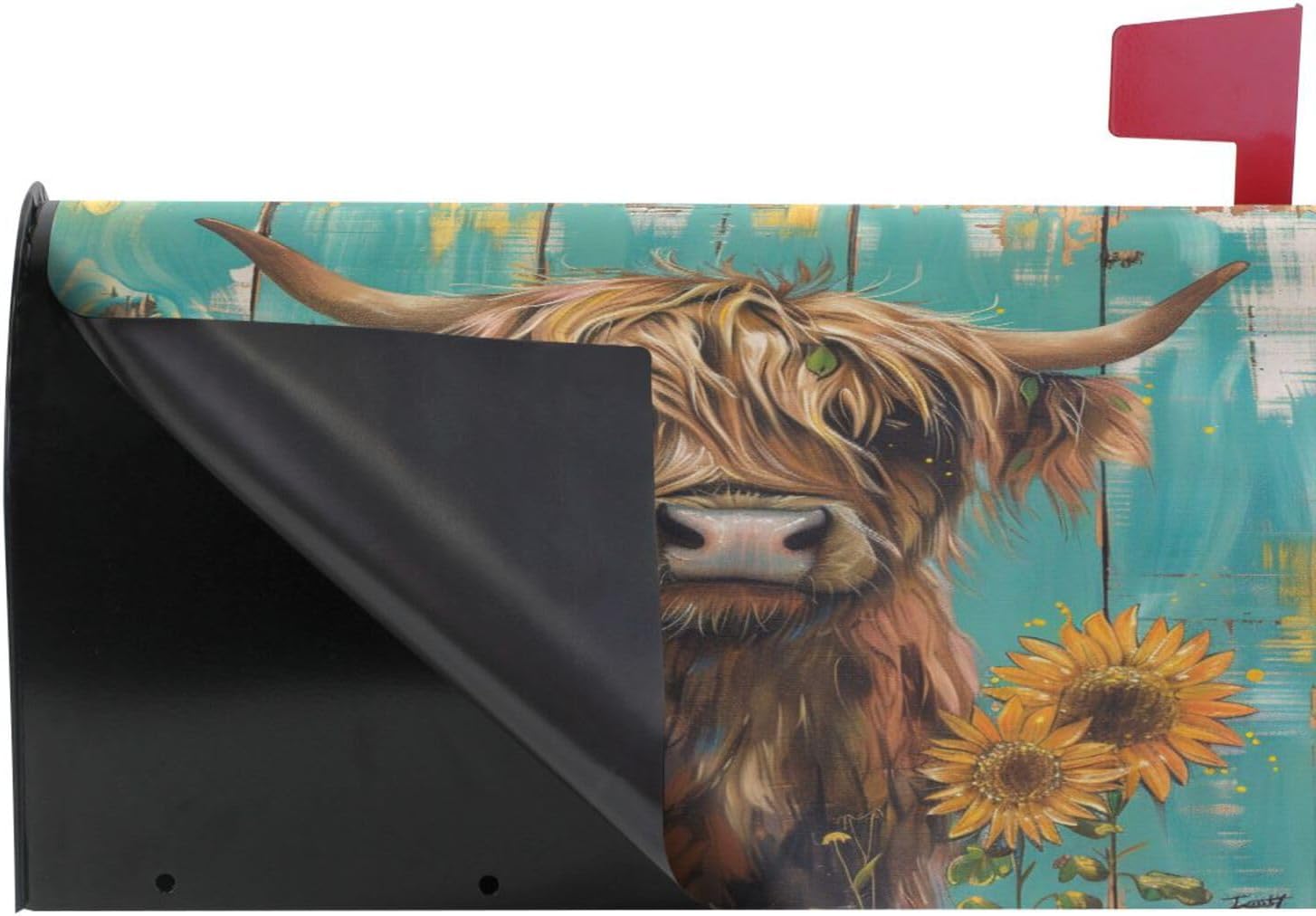 ALAZA Highland Cow Sunflowers on Teal Wooden Magnetic Mailbox Cover MailWraps Garden Yard Home Decor for Outside Standard Size-18"x 20.8"