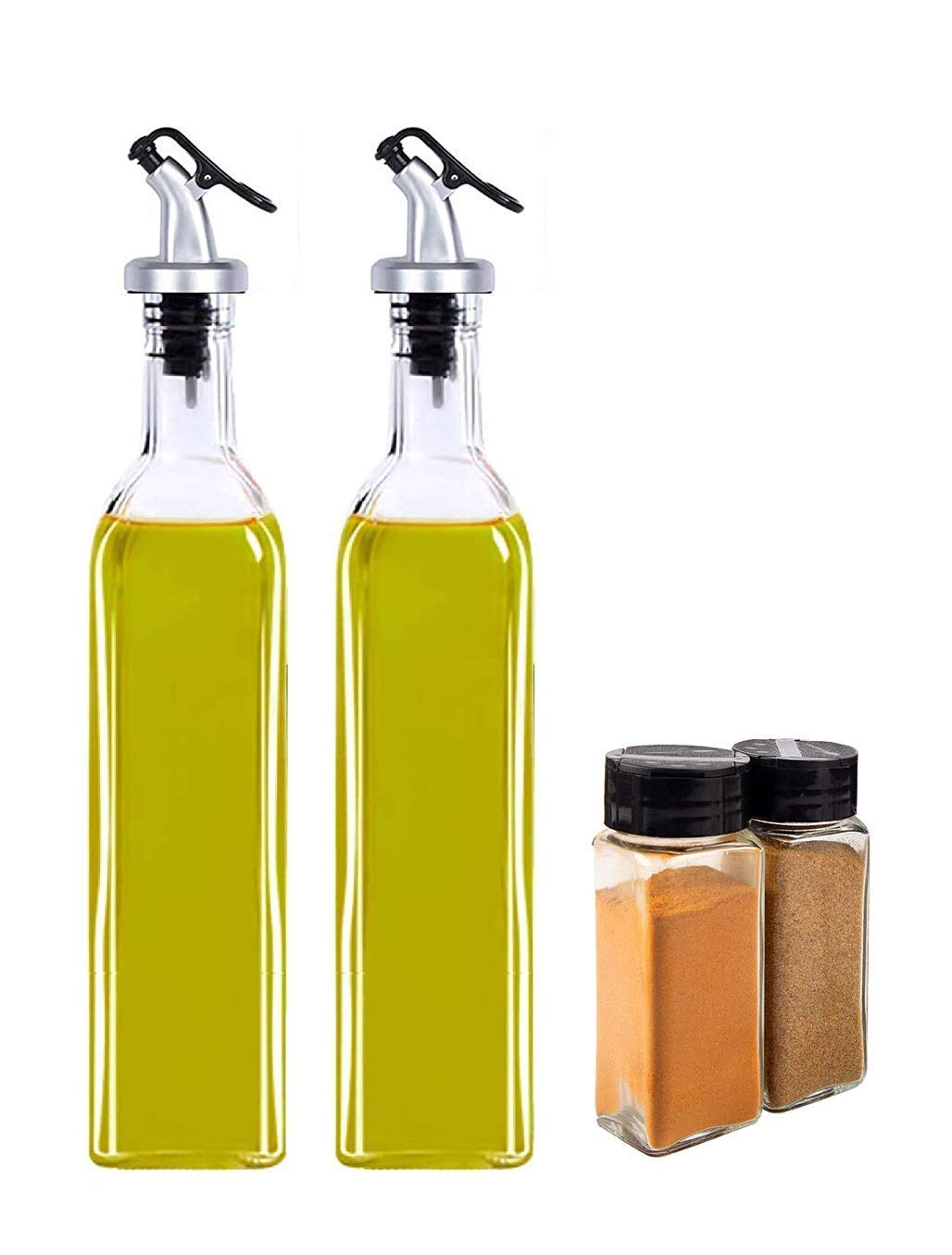 kb trade Oil Dispenser 500 ml Bottle Set of 2 Spice Jar Set of 2 Oil Bottle for Kitchen Oil & Vinegar Storage Glass Bottle Glass Container for Spice jar(2,Olive Oil Bottle+Spice Rack) (Pack of 2)