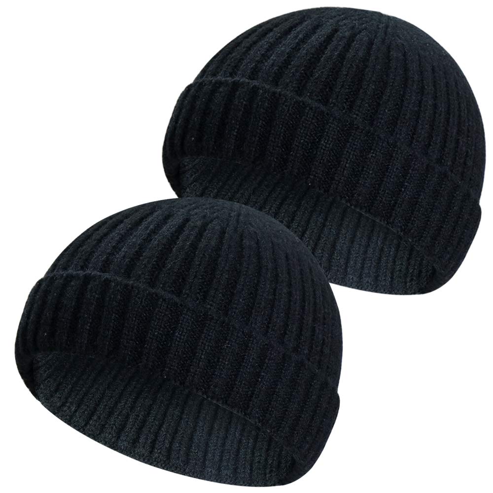 2 Pieces Winter Wool Knit Trawler Beanie Hat Short Fisherman Skullcap Knit Beanie Cap for Men/Women