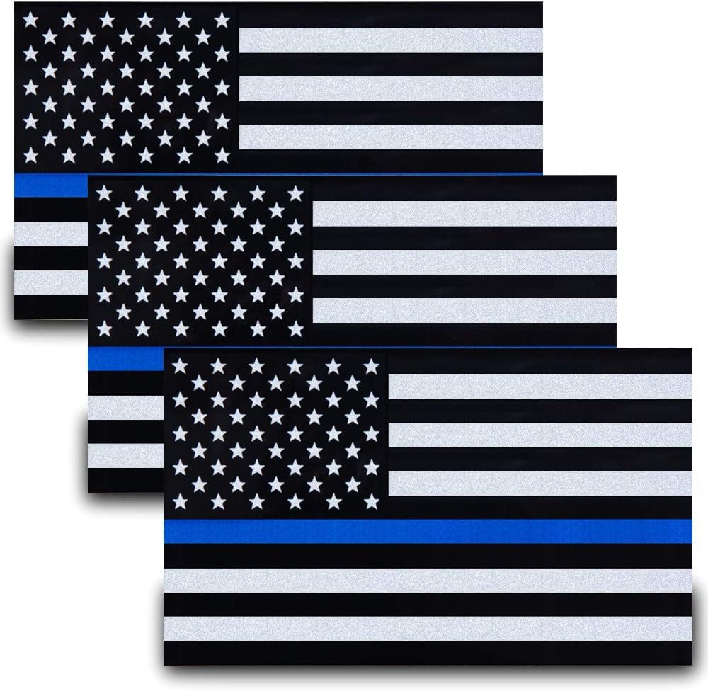 Besby 3pcs Reflective US Flag Stickers, Thin Blue Line American Flag Decal Car Laptop Bumer Sticker 5"x3" Vinyl, Support USA Police and Law Enforcement Officers