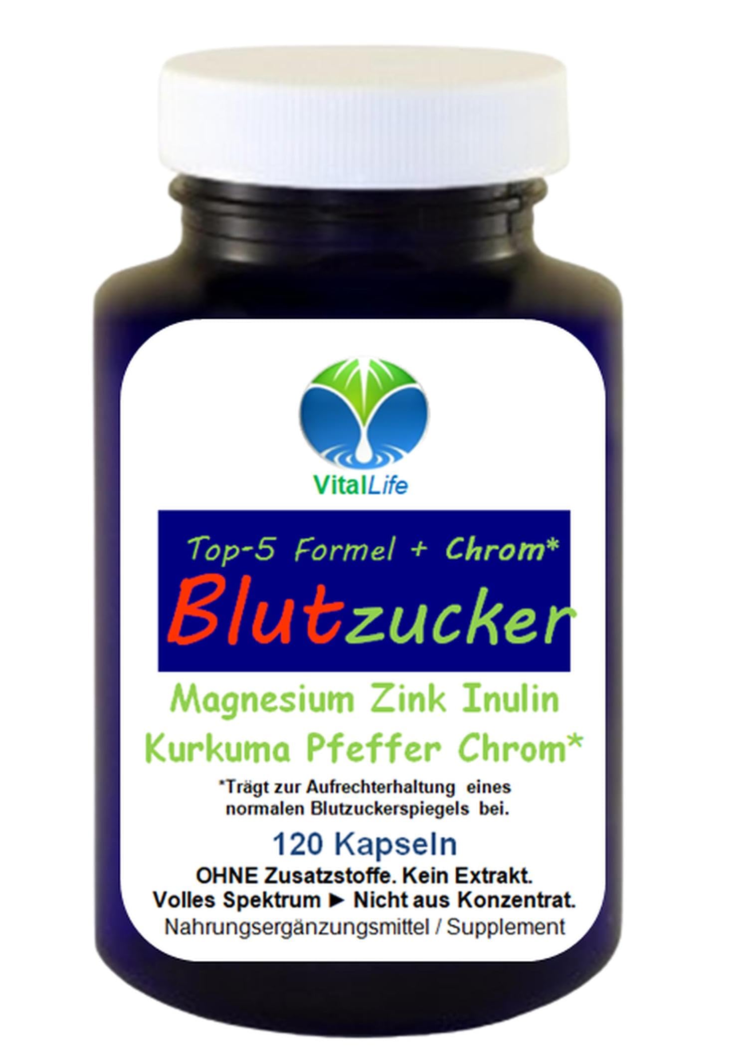 Blutzucker Komplex TOP-5 Formel + CHROM* 120 KAPSELN für NORMALWERTE UND normalen Blutzuckerspiegel + MAGNESIUM - ZINK - INULIN - KURKUMA - PIPERIN. OHNE ZUSATZSTOFFE. 27355-120