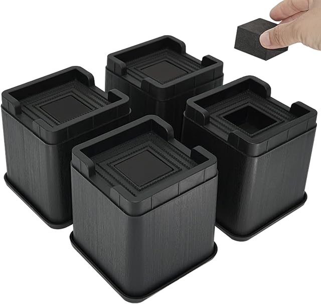 4 Inch Square Bed Furniture Risers with 1 inch/2.54 cm Deep Hole 10 cm Heavy Duty Stackable Lifts for Couch, Chair, Desk, and Sofa - Bed Raising Blocks - Supports up to 2,200lbs / 1,000kg- 4 Pcs Black