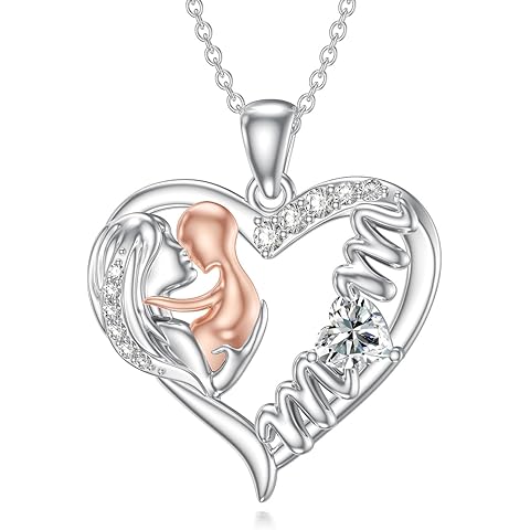 Mom Birthstone Heart Necklace s925 Sterling Silver I Love You Mother Pendant Neckla...