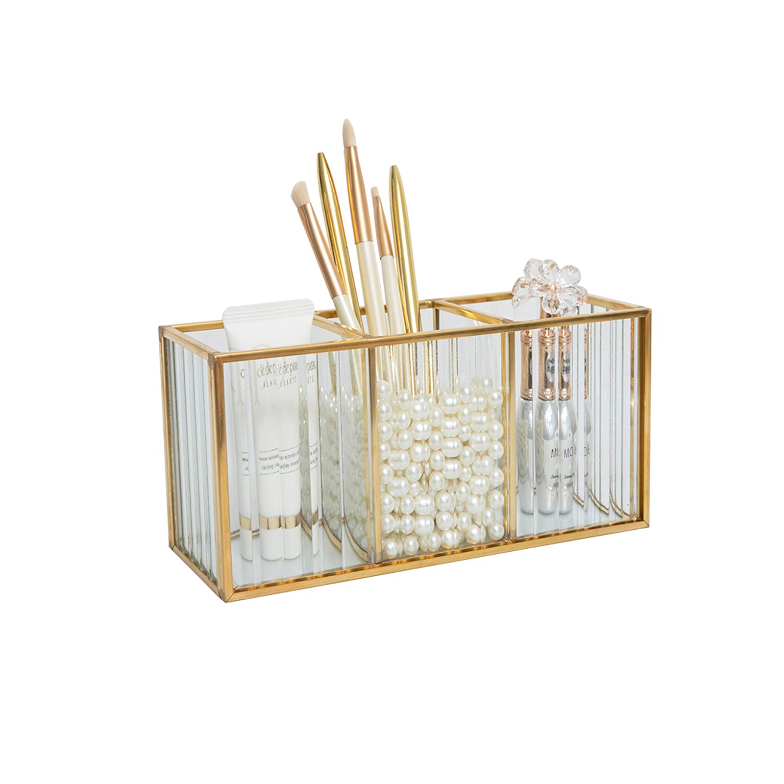 HARLIANGXY Soporte para pinceles de maquillaje, organizador de cosméticos, caja de almacenamiento, caja de almacenamiento de cosméticos, dorado, cristal vertical, 18 x 7 x 9 cm