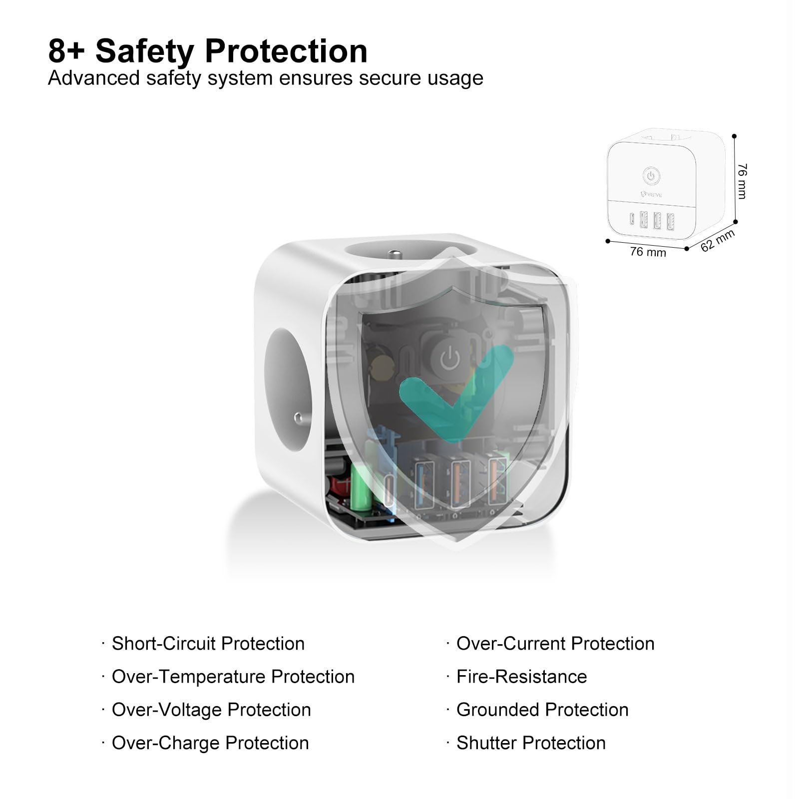 VEFVE Regleta Tipo E (Estándar Francés), Cubo Enchufes USB C 20W PD, Ladrón 7 en 1 con Interruptor, para Francia/Bélgica/Polonia, Cable 3m, Blanco